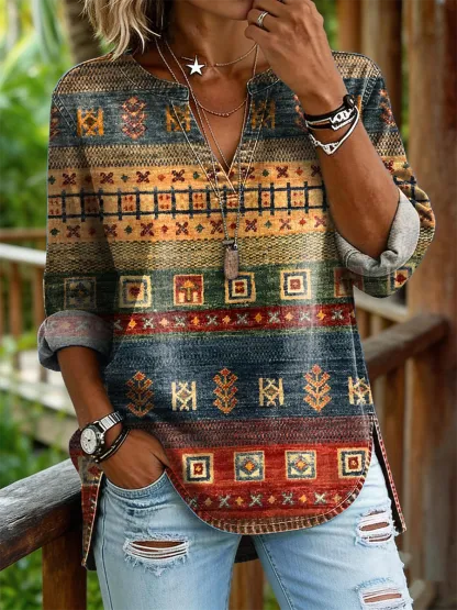 Women's Retro Colorful Ethnic Striped Art Print Casual Long-sleeve V-neck Washed Cotton Denim Top
