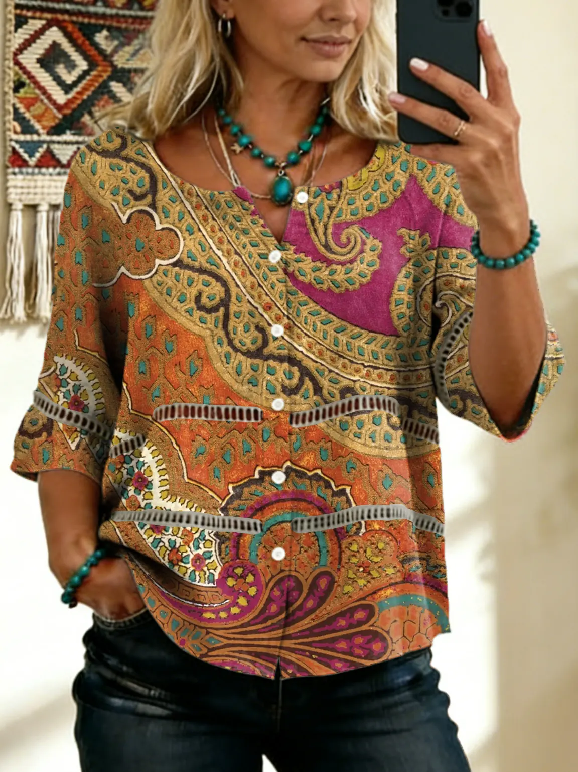 Women's Vintage Floral Art Print Tie-front Button-up Cotton-linen Blend Short-sleeve Shirt