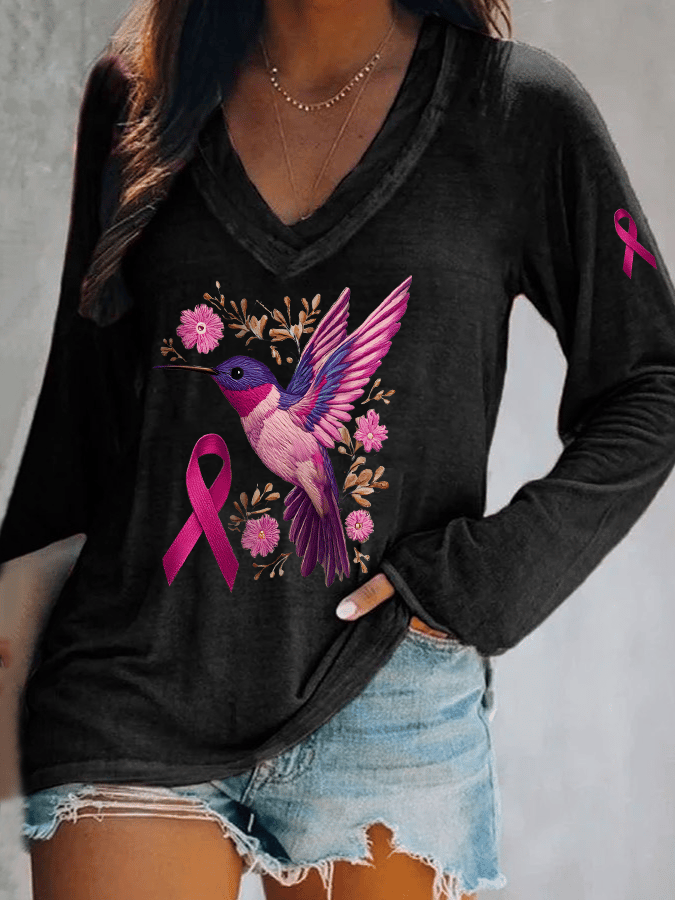 Women's Breast Cancer Awareness Hummingbird Print V Neck T-Shirt
