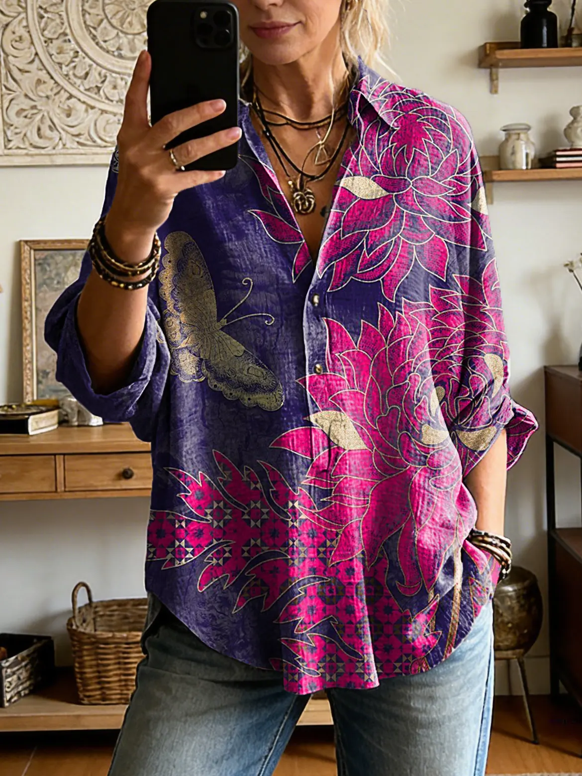 Women's Vintage Butterfly Floral Art Print Casual Long-sleeve Shirt