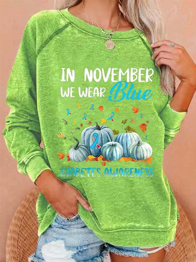 Women's In November We Wear Blue For Diabetes Awareness Pumpkin Print Casual Sweatshirts