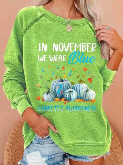 Women's In November We Wear Blue For Diabetes Awareness Pumpkin Print Casual Sweatshirts