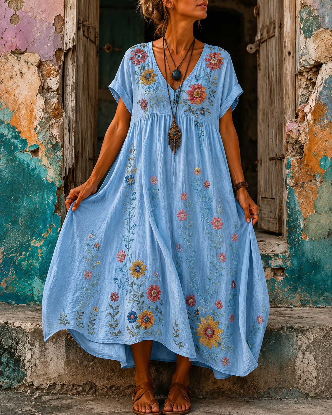 Women's Vacation Linen Boho Floral Embroidery V-Neck Short Sleeve Maxi Dress
