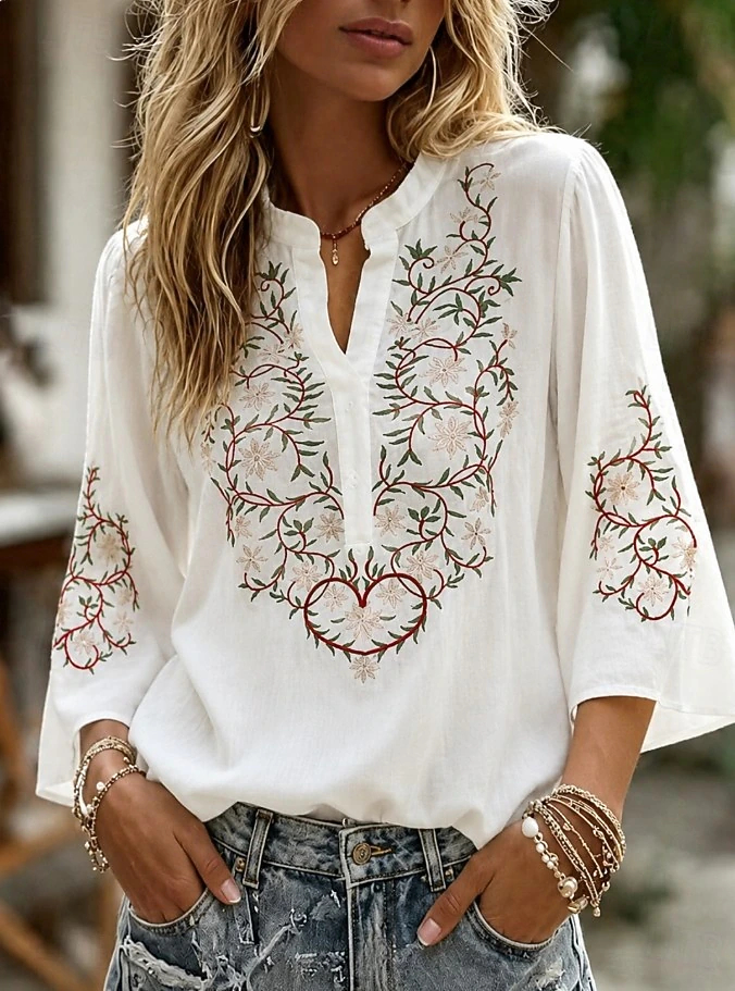 Women's Embroidered Blouse Floral Stylish Casual 3_4 Length Sleeve V Neck Long Tops