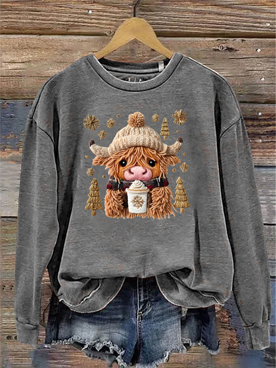 Women's Christmas Cow Knitting Crochet Pattern Neck Sweatshirt