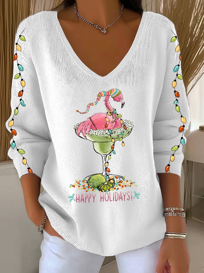 Women's Christmas Flamingo Print V Neck Sweater