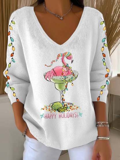 Women's Christmas Flamingo Print V Neck Sweater
