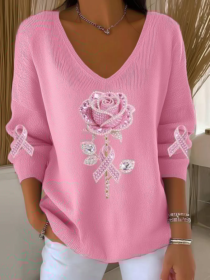 Women's Breast Cancer Awareness Roses Print V Neck Sweater