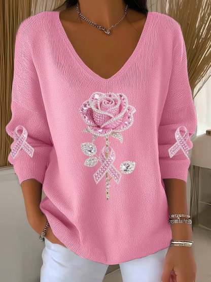 Women's Breast Cancer Awareness Roses Print V Neck Sweater