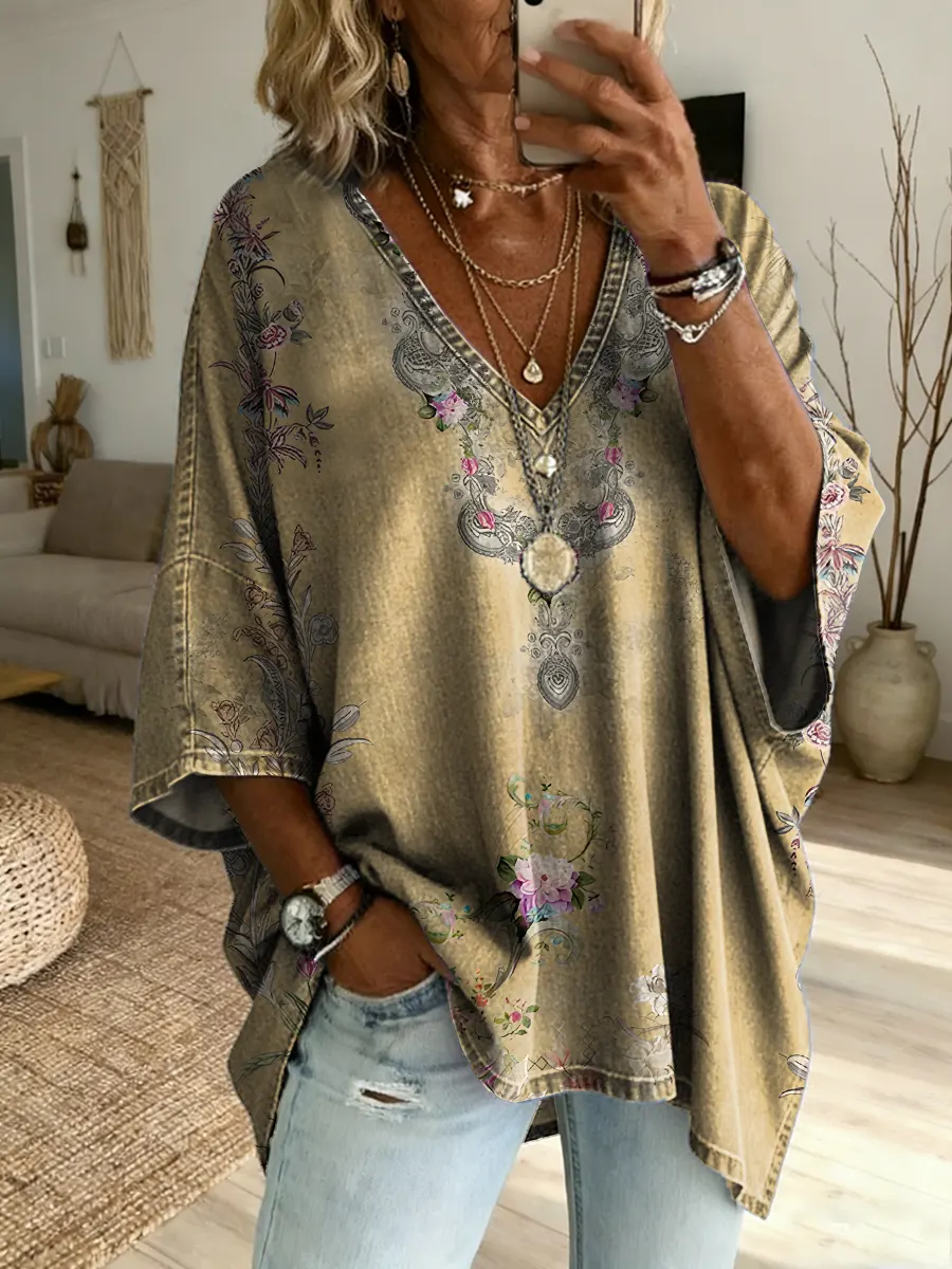 Ethnicity Geometry Flowers Totem Women's Art Print Casual Washed Cotton Denim Top