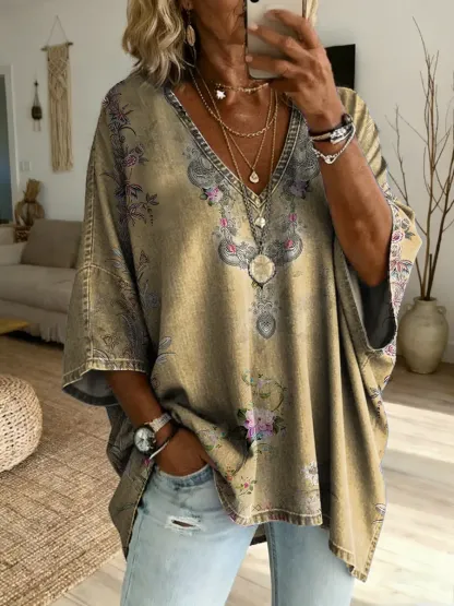 Ethnicity Geometry Flowers Totem Women's Art Print Casual Washed Cotton Denim Top