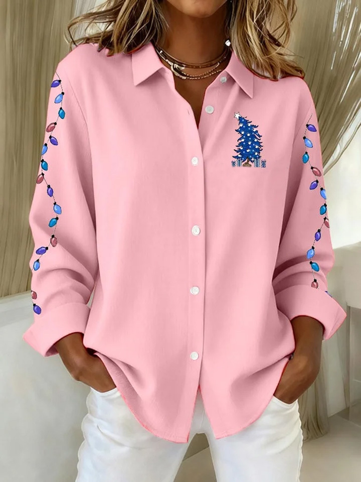 Women's Casual Christmas Print Lapel Long Sleeve Shirt