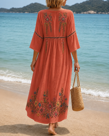 Women's Vacation Linen Boho Floral Print V-Neck Short Sleeve Maxi Dress