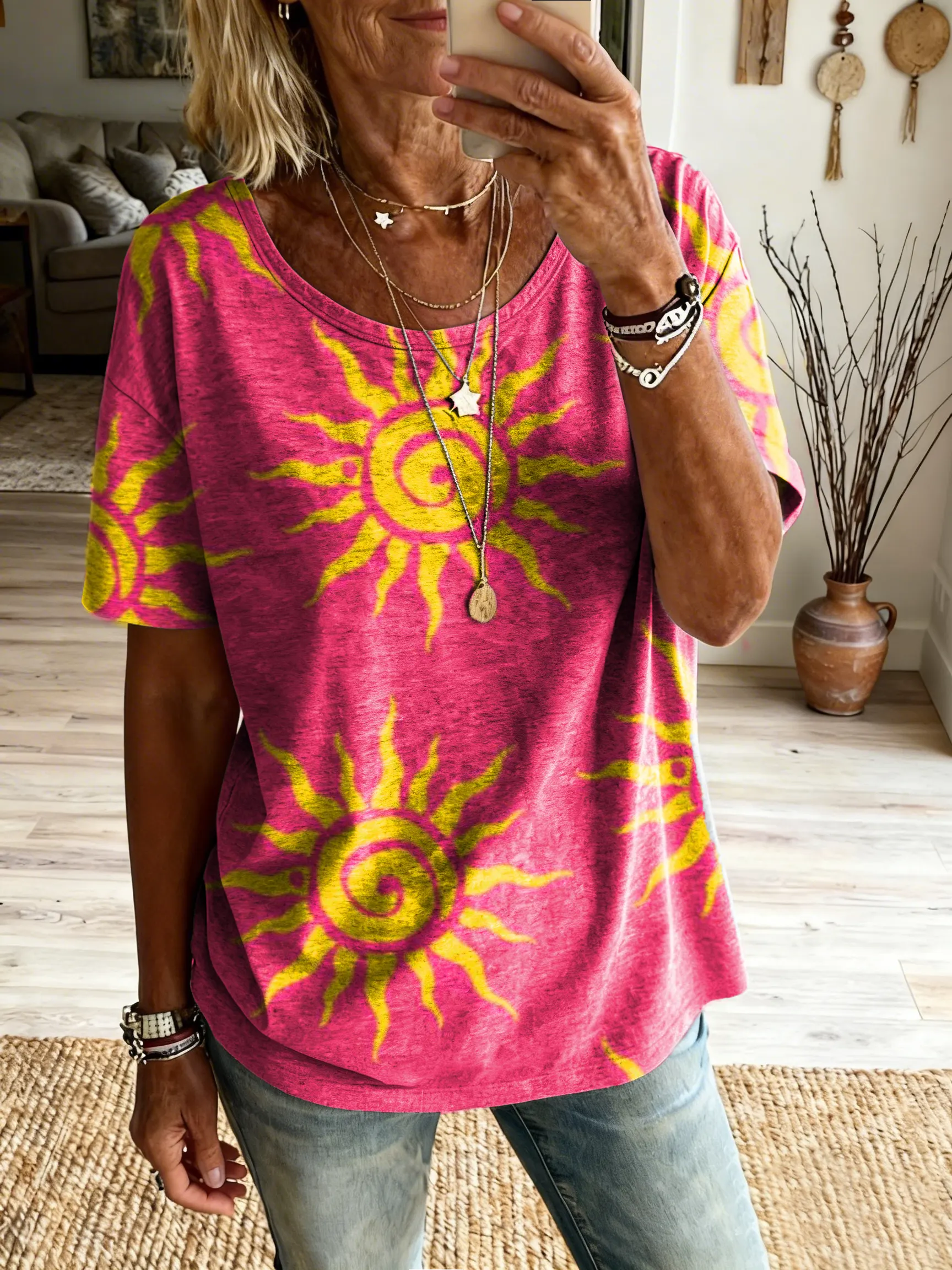 Women's Hippie Retro Sunflower Art Print Pure Cotton Crew Neck Short-Sleeve Casual T-Shirt