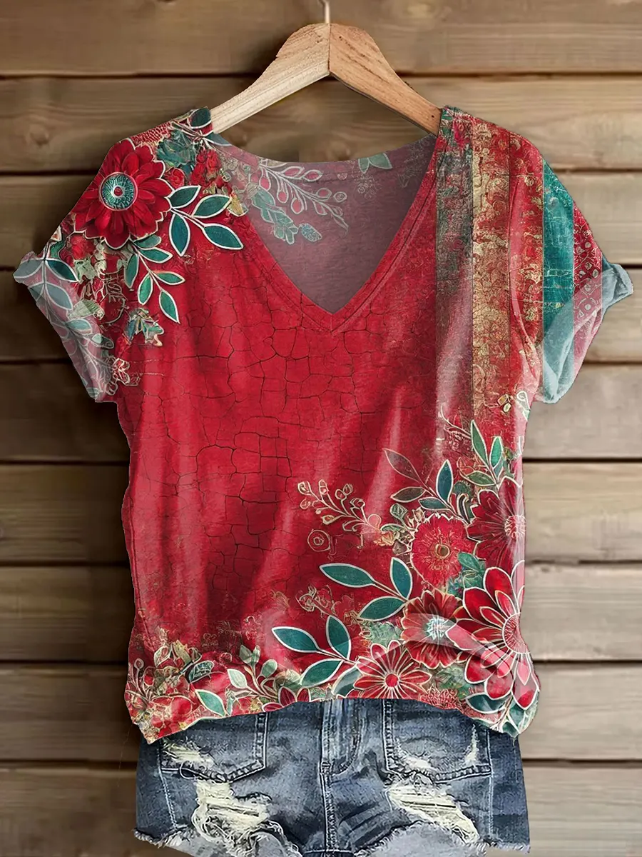 Women's Vintage Floral Pattern Art Print V-neck Short Sleeve