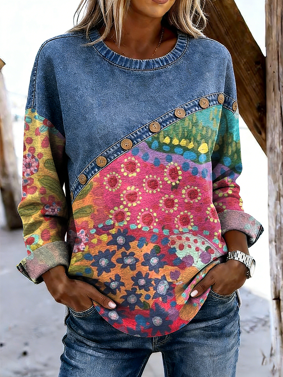 Women's Retro Colorful Art Print Casual Long Sleeve Round Neck Denim Patchwork Top