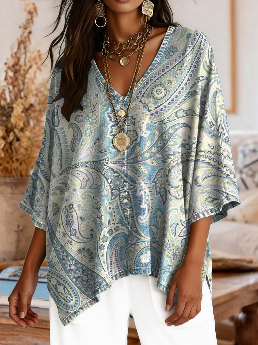 Women's Retro Bohemian Floral Art Print Casual V-neck Top