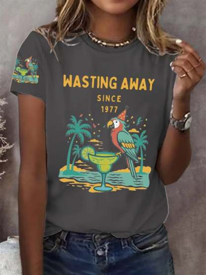 Retro Parrot Margarita Wasting Away Since 1977 Print T-Shirt