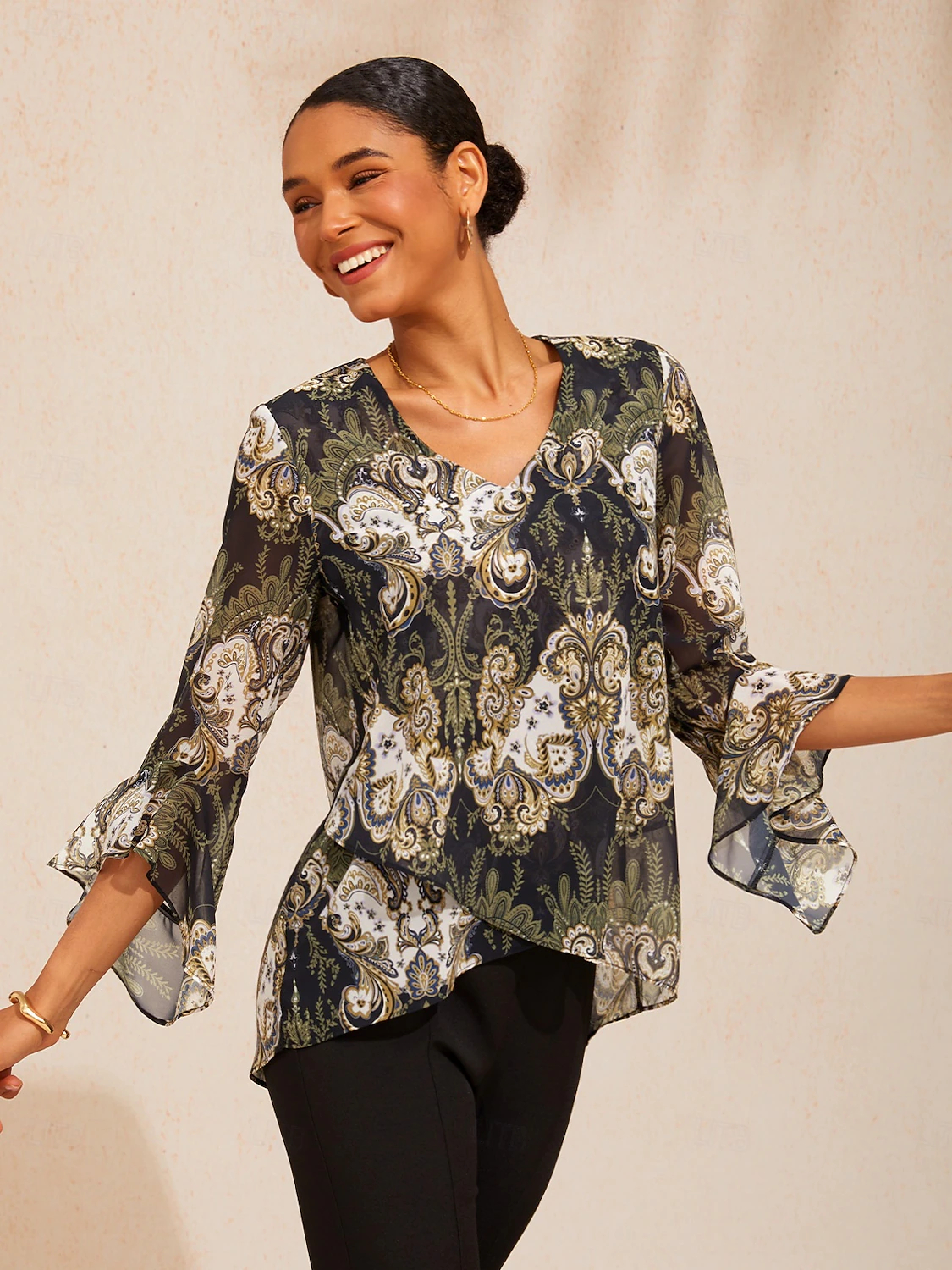Green Mandala Floral Flowy Chiffon Top