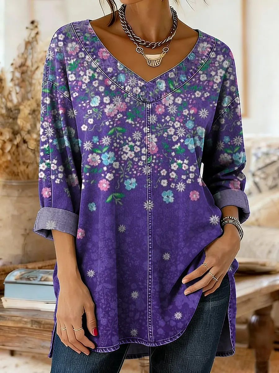 Women's Vintage Purple Floral Pattern Art Print Casual Washed Denim Cotton Top