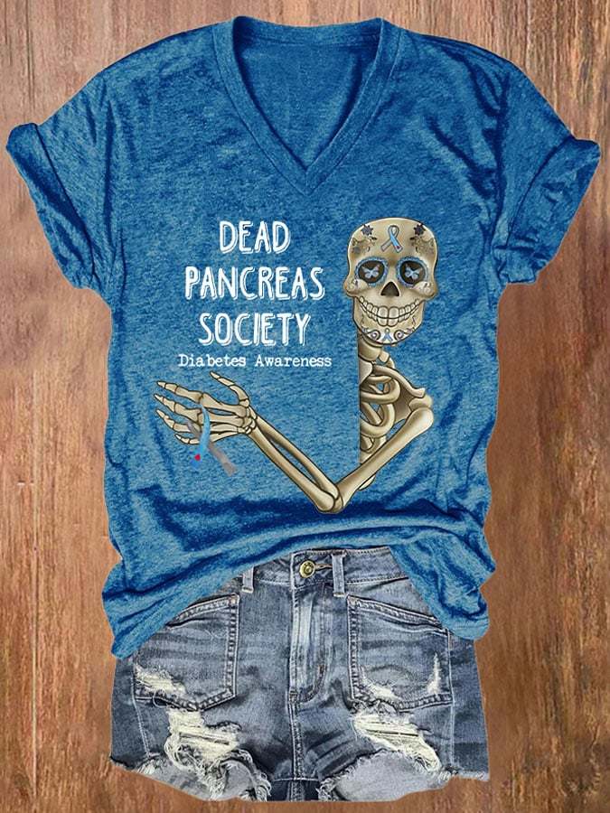 V-neck Diabetes Awareness Dead Pancreas Society Print T-Shirt