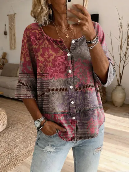 Women's Bohemian Tattoo Floral Art Print Casual Cutout Top