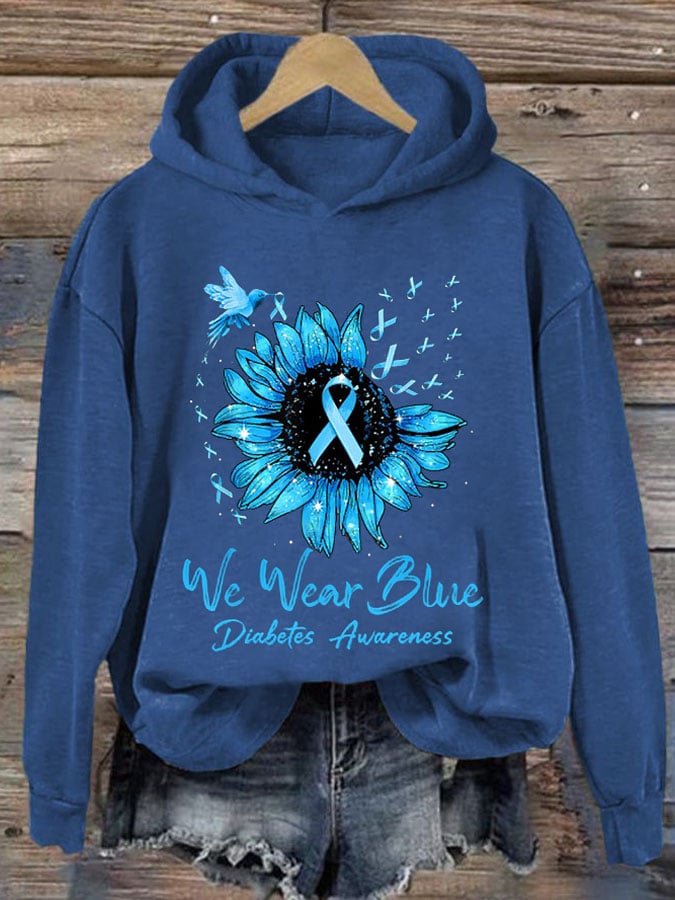 Retro Diabetes Awareness We Wear Blue Hummingbird Blue Ribbon Print Hoodie