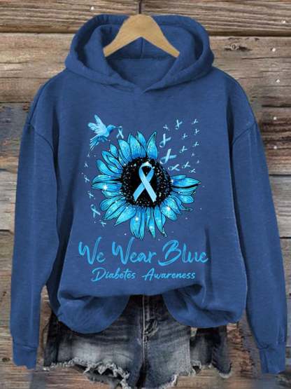 Retro Diabetes Awareness We Wear Blue Hummingbird Blue Ribbon Print Hoodie