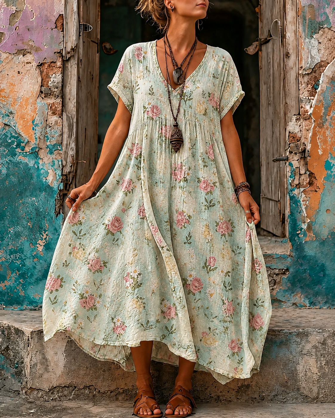Women's Vacation Linen Boho Floral Print V-Neck Short Sleeve Maxi Dress