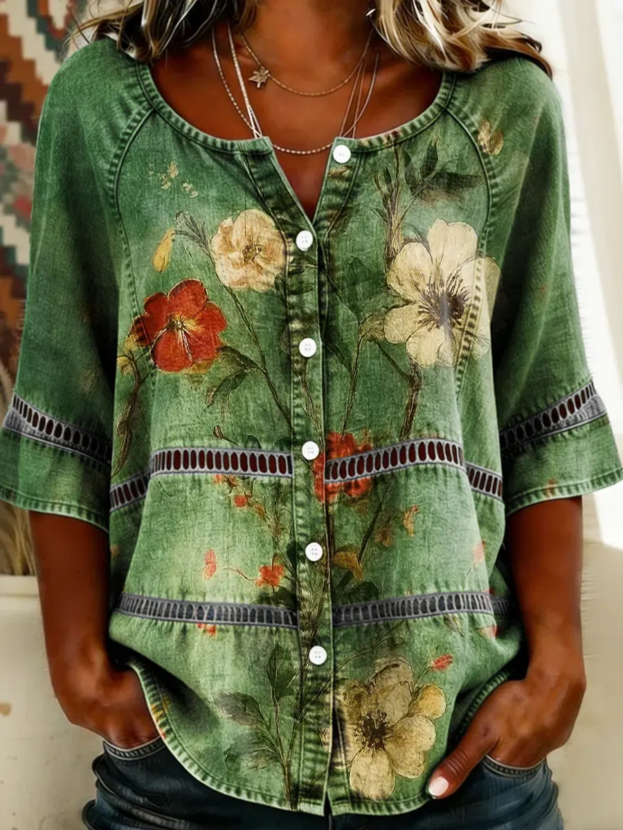 Women's Retro Floral Print Round Neck 3/4 Sleeve Lace Cutout Shirt