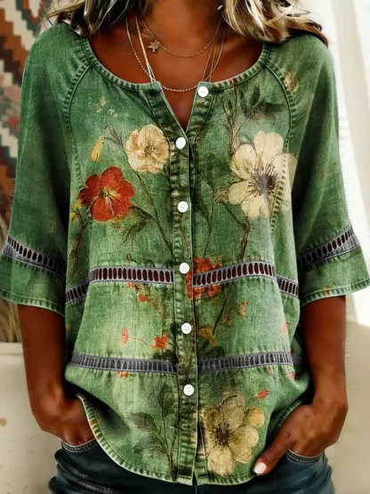 Women's Retro Floral Print Round Neck 3/4 Sleeve Lace Cutout Shirt