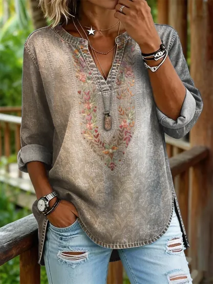 Women's Vintage Floral Print Casual V-neck Washed Cotton Denim Shirt