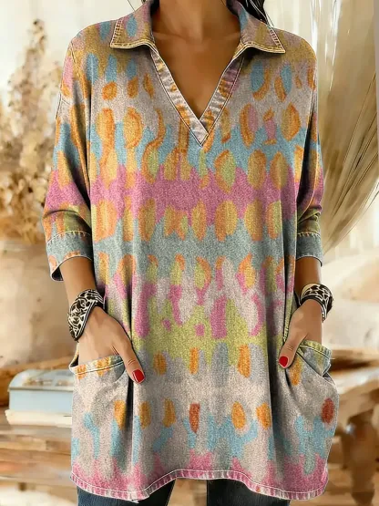 Women's Ethnic Art Print V-neck Denim Cotton Pocket Shirt