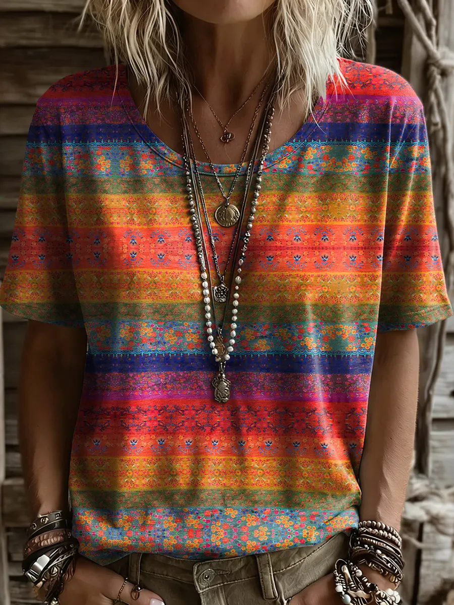 Women's Colorful Retro Ethnic Floral Art Print Casual Short-Sleeve Crew Neck Pure Cotton T-Shirt