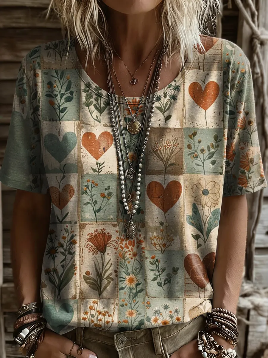 Women's Retro Heart and Floral Art Print Round-Neck Short-Sleeve T-Shirt