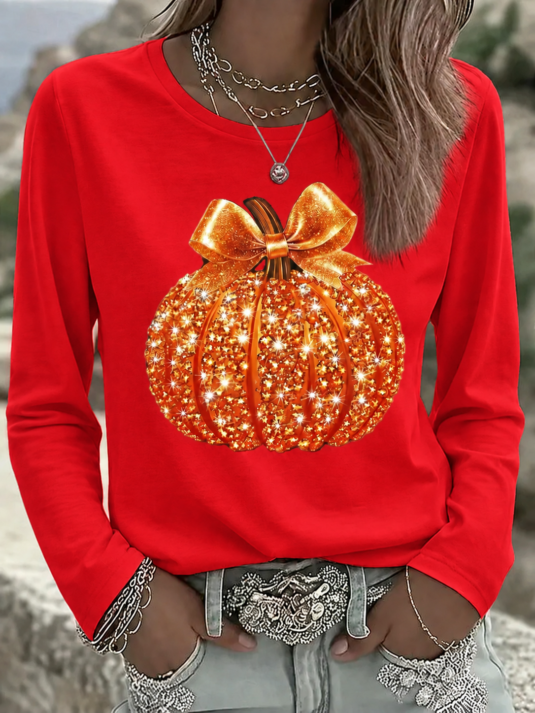 Halloween Women's T shirt Pumpkin Graphic Skull Vintage Long Sleeve T-shirt