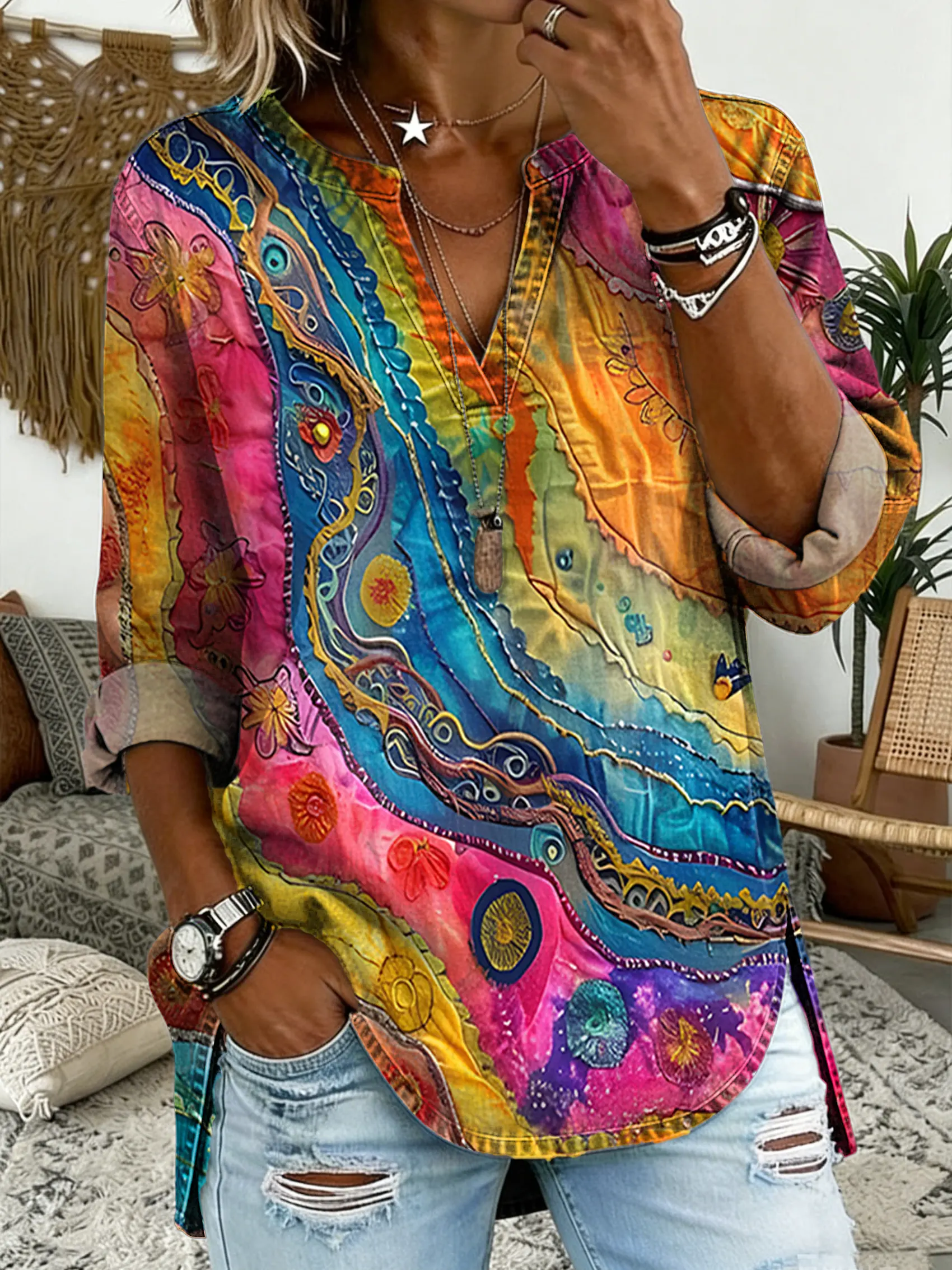 Women's Colorful Wave Texture Pattern Print V-neck Long-sleeved Denim Shirt