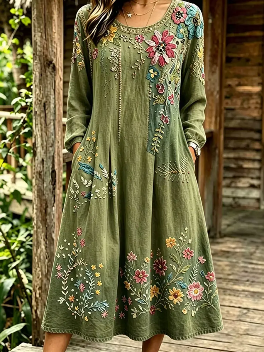 Women's Floral Art Print Cotton Midi Dress