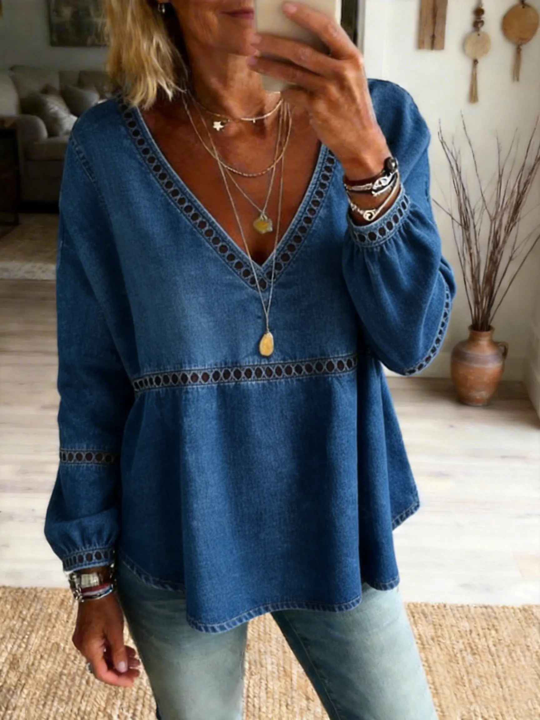 Women's Casual Washed Cotton V-Neck Cutout Top