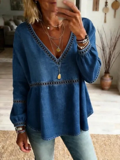 Women's Casual Washed Cotton V-Neck Cutout Top