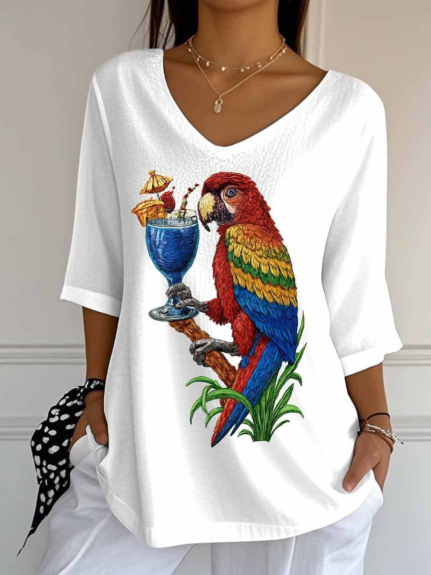 Women's Retro Parrot Margarita Print Mid Sleeve T-Shirt