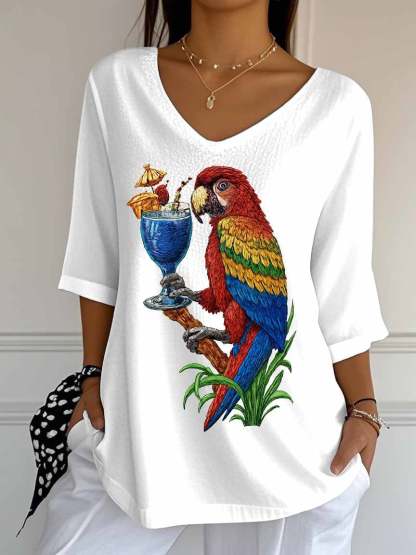 Women's Retro Parrot Margarita Print Mid Sleeve T-Shirt