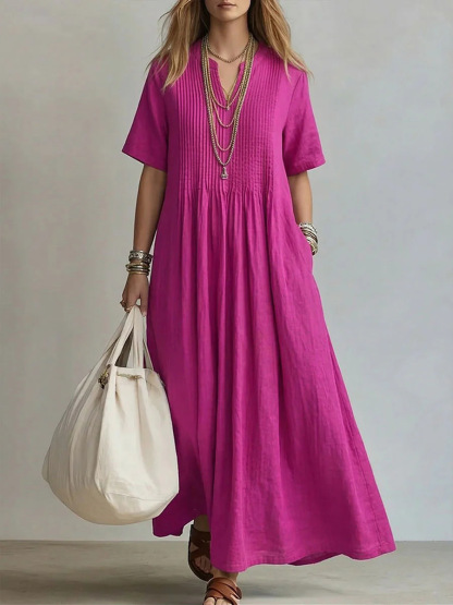 Women'S V-Neck Short-Sleeved Pleated Cotton-Linen Dress