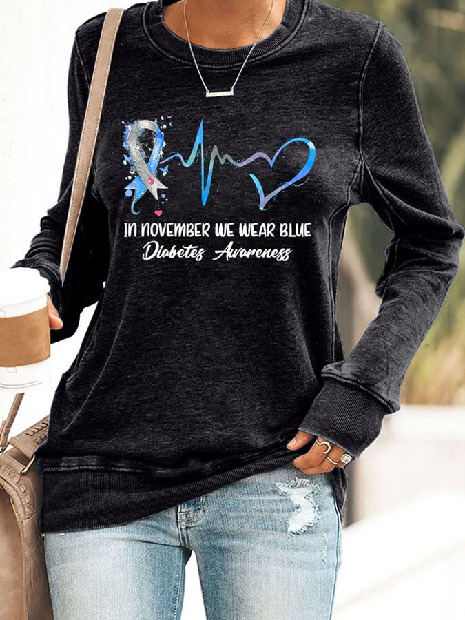 Women's In November We Wear Blue Diabetes Awareness Printed Casual Sweatshirt