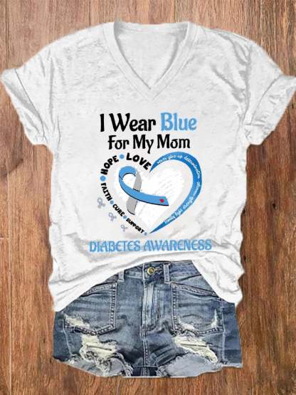 Women's I Wear Blue For My Mom Peace Love Cure Diabetes Awareness V-Neck Tee