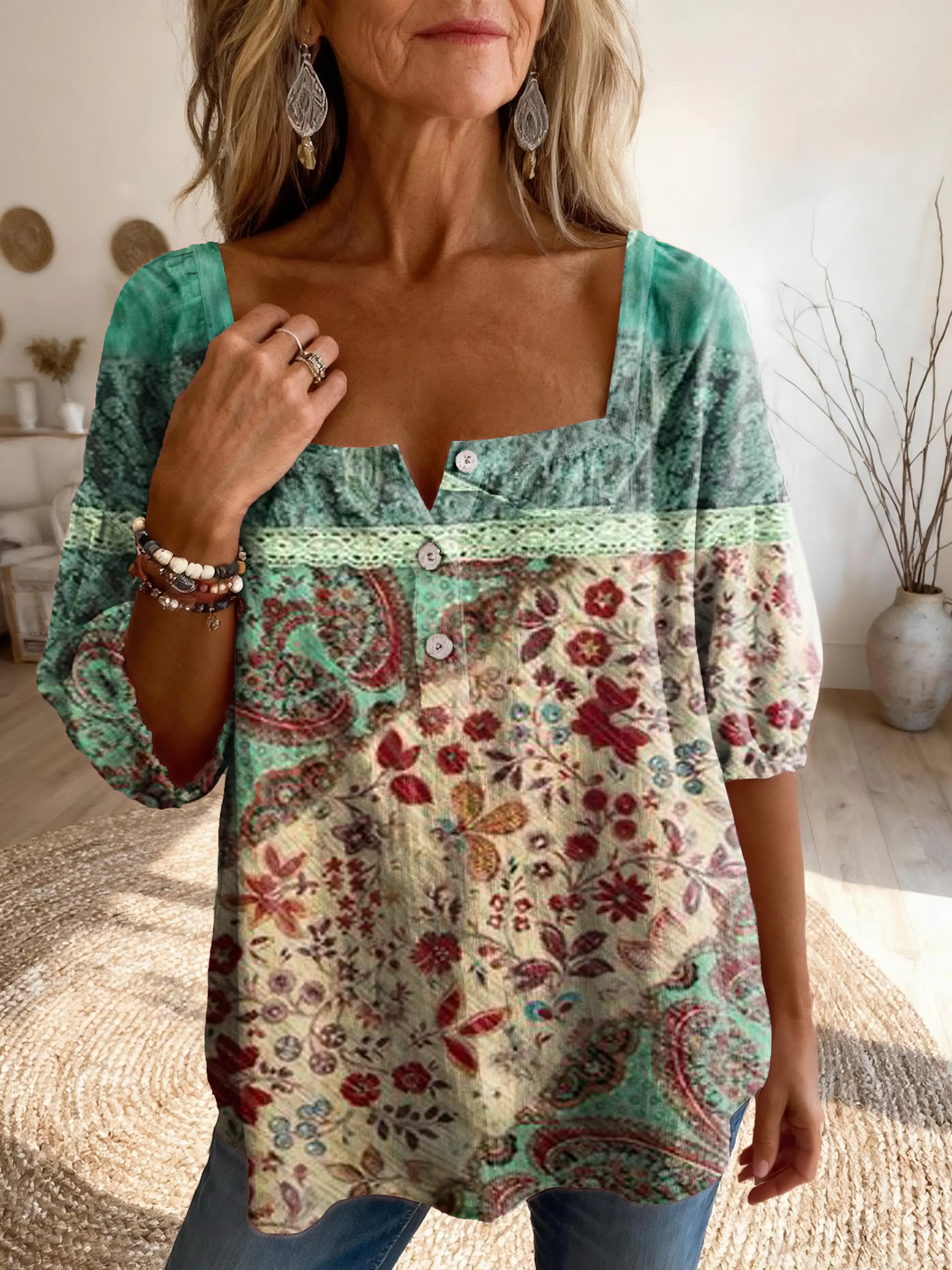 Women's Vintage Ethnic Floral Print Artistic Casual Square Neck Top