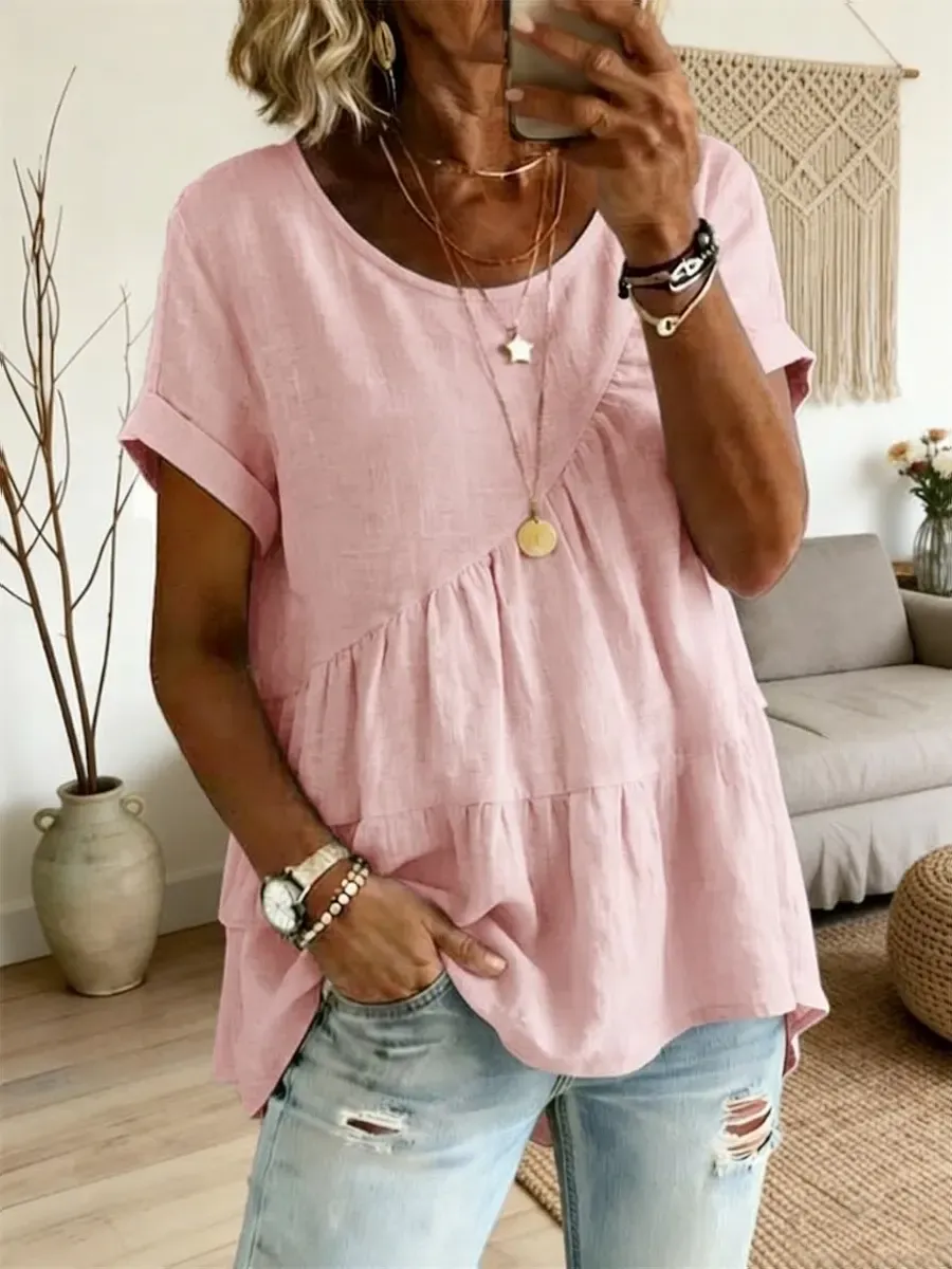 Women's Art Print Round Neck 100% Cotton Loose Short-sleeved Shirt – Side Tether