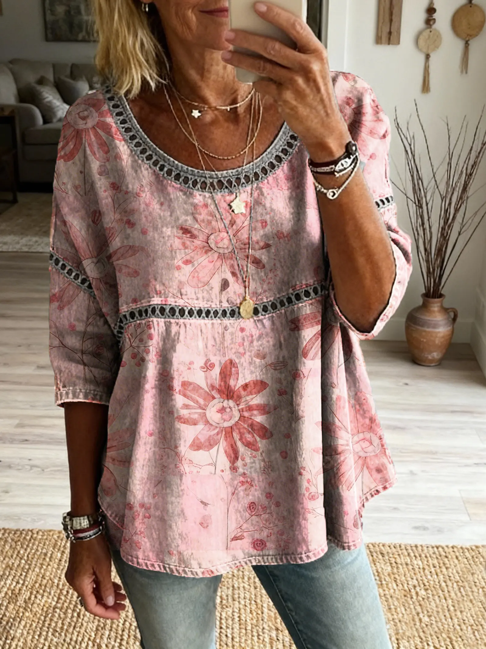 Women's Bohemian Vintage Floral Art Print Casual Round Neck Cutout Top