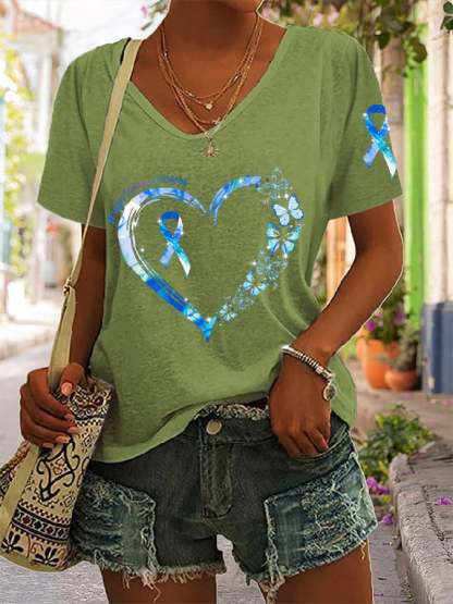 Women's Diabetes Awareness Blue Ribbon Supports Warriors Print Casual T-Shirt