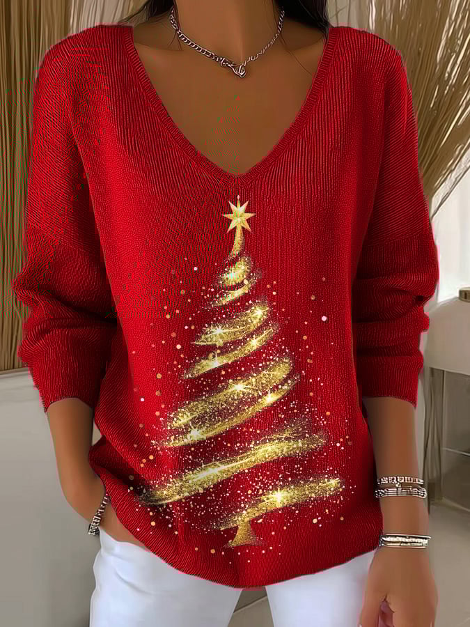 V-Neck Retro Christmas Golden Christmas Tree Print Knitwear Tops